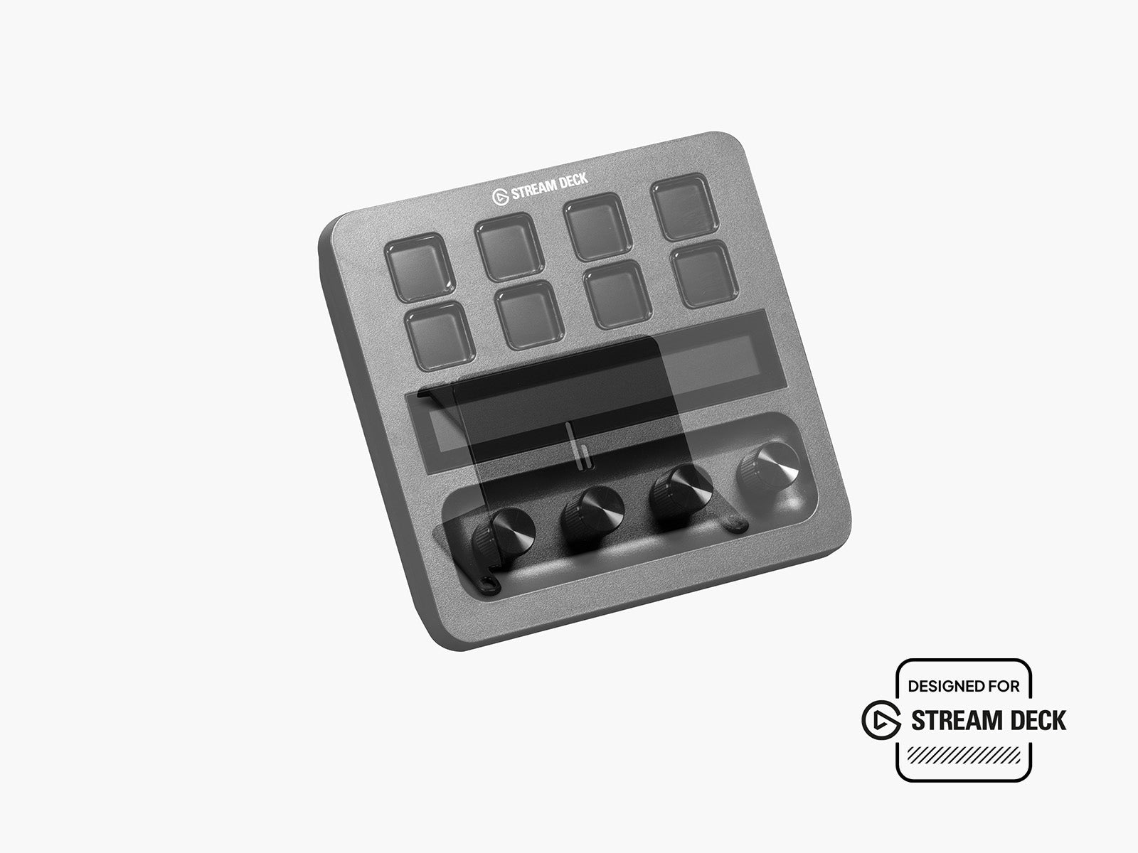 BALOLO Stream Deck Plus Halter für den Setup Cockpit Monitorständer ausgeschnitten auf hellgrauen Hintergrund, mit semi-transparentem Stream Deck Plus zur Veranschaulichung.