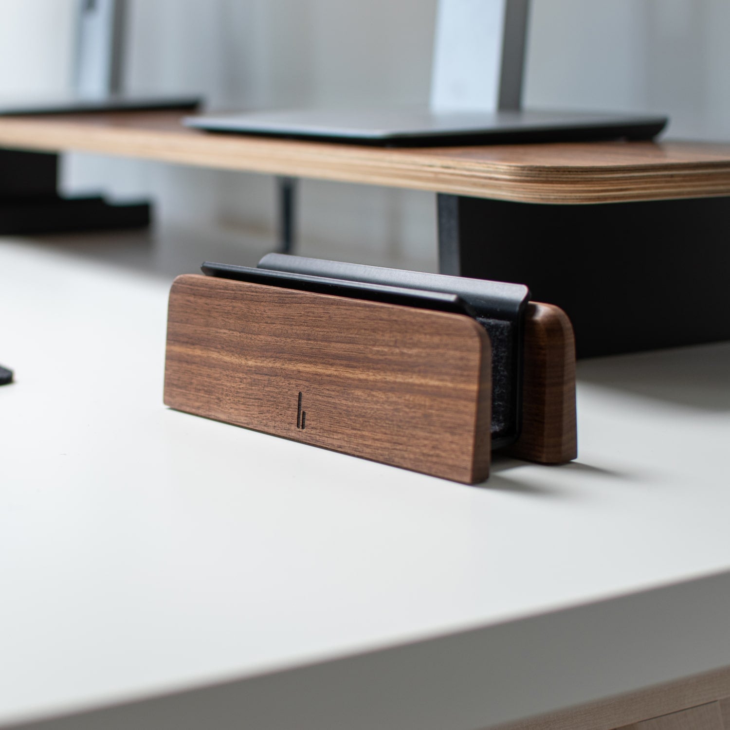 BALOLO, Laptop Dock, Setup Cockpit, Laptop Holder, Laptop Stand, MacBook Holder, Monitor Stand, Monitor Riser, Desk Shelf, organized Workspace, ergonomic Workspace, work from home, organized desk, desk accessories, wooden laptop dock, docking station, American walnut, oak